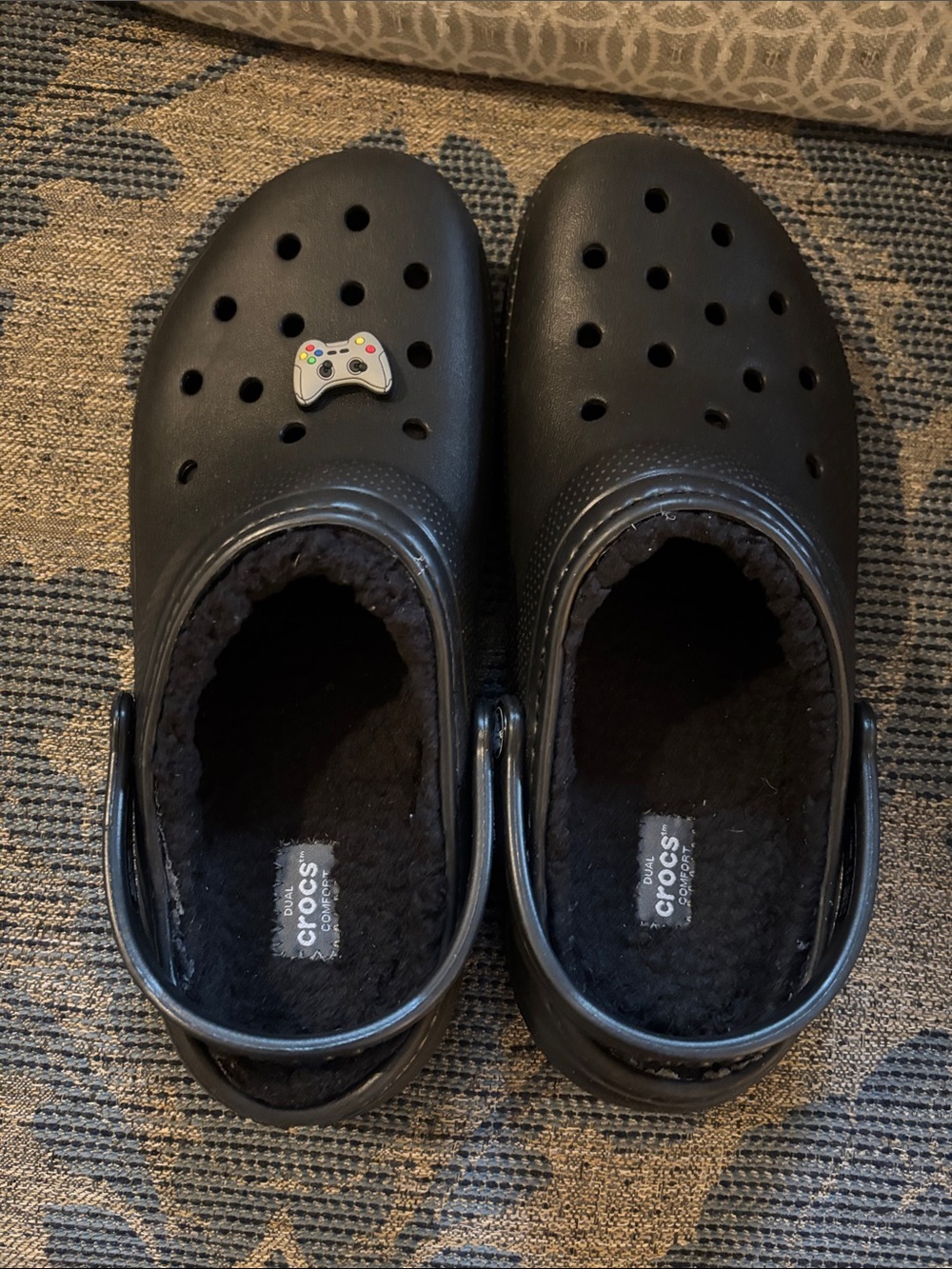 CROCS Kids Black Fuzz-Lined Classic Clogs with Game Controller Charm